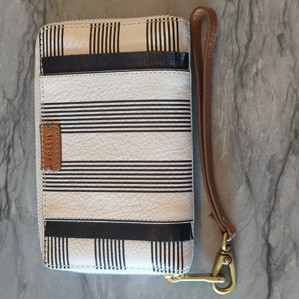 Fossil Black and White Striped Wallet with Brown Strap